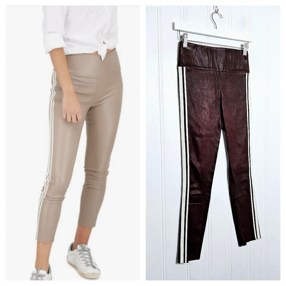 SPRWMN Leather Crop Pants Womens Size XS Burgundy Skinny Stripe Athletic Luxe